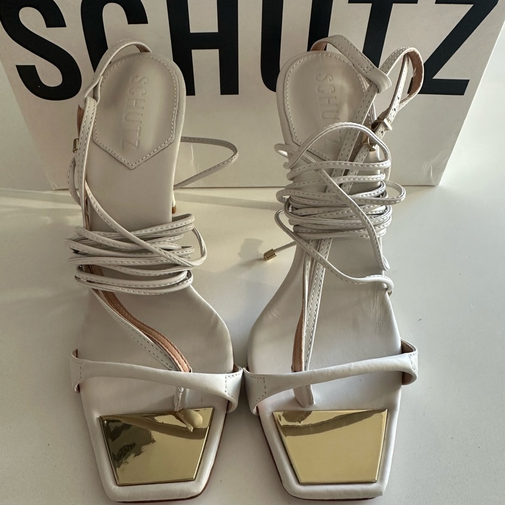 SCHUTZ White and Gold Strappy Heels
